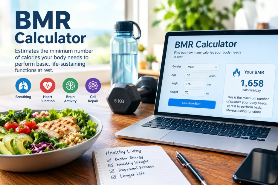 BMR Calculator showing daily calorie needs for basic life-sustaining functions at rest