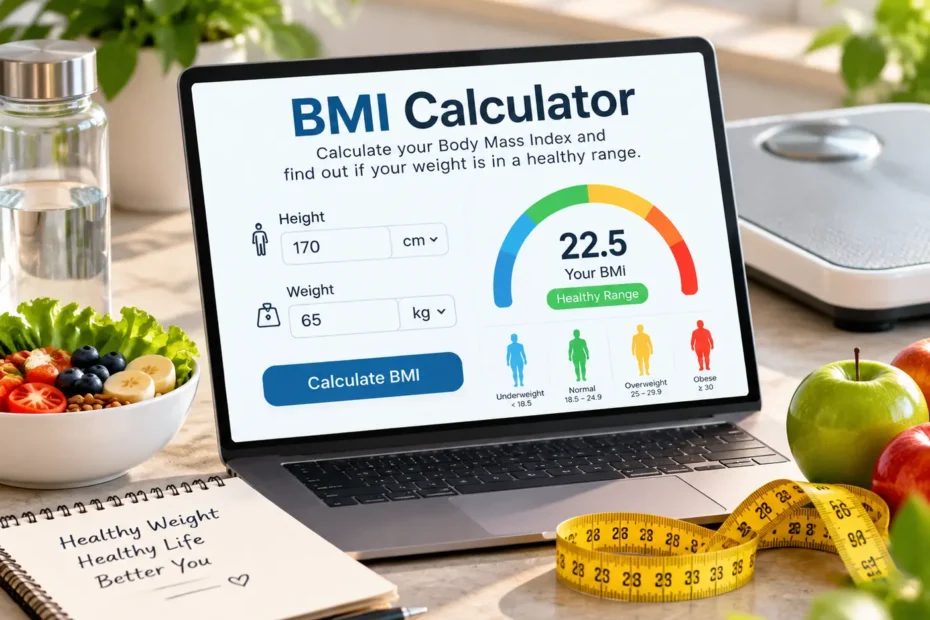 BMI calculator online tool showing Body Mass Index calculation with height and weight measurements