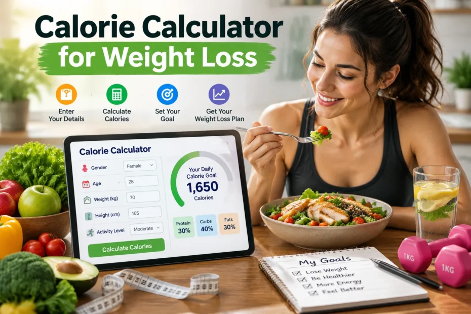 Calorie calculator for weight loss showing daily calorie goals and healthy meal planning